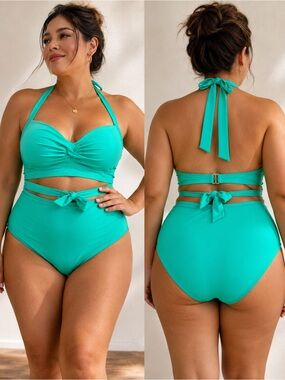 Plus-Size High-Waist Halter Bikini Set in Teal Green